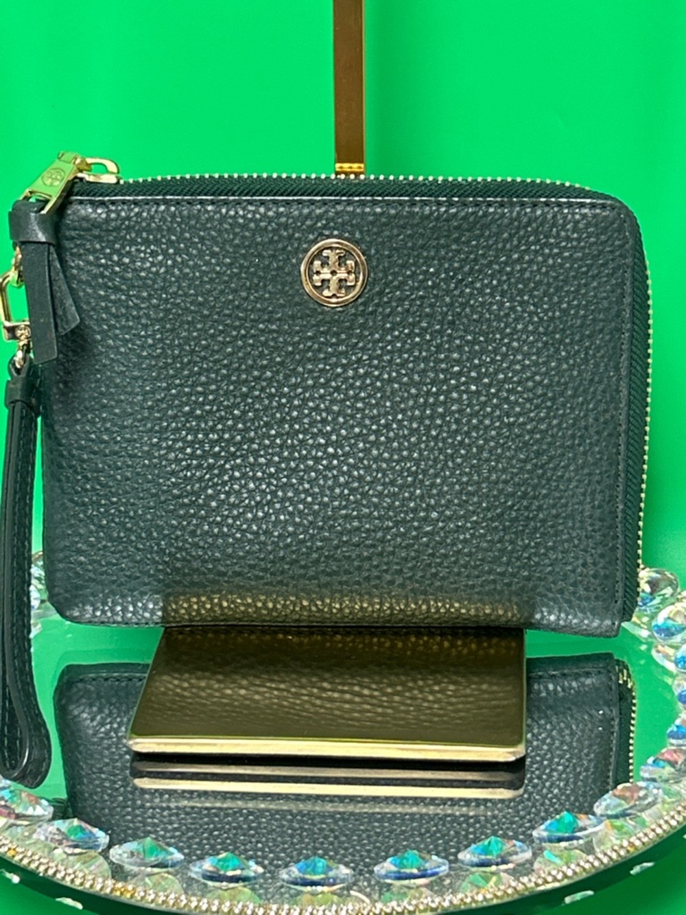 Tory Burch Black Pebbled Leather Deep Teal Wristlet Approx. 8 x 6